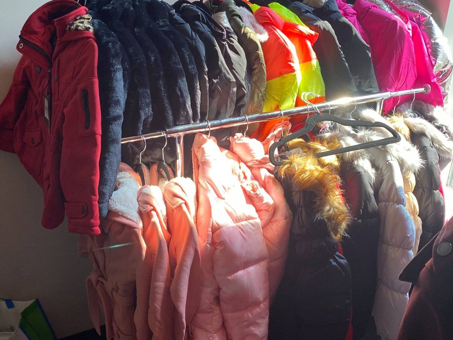 Winter jackets prepared for community distribution.