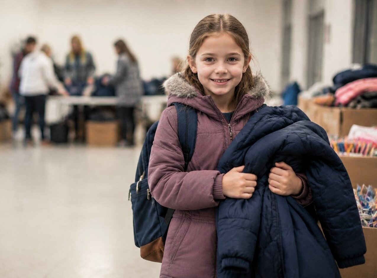 Child receiving winter essentials through a Savage Sports community giveaway